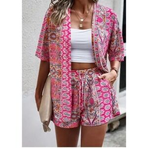 Resort Lounge Boho Kimono & Shorts Pink Paisley Print-Two-Piece Set Size L